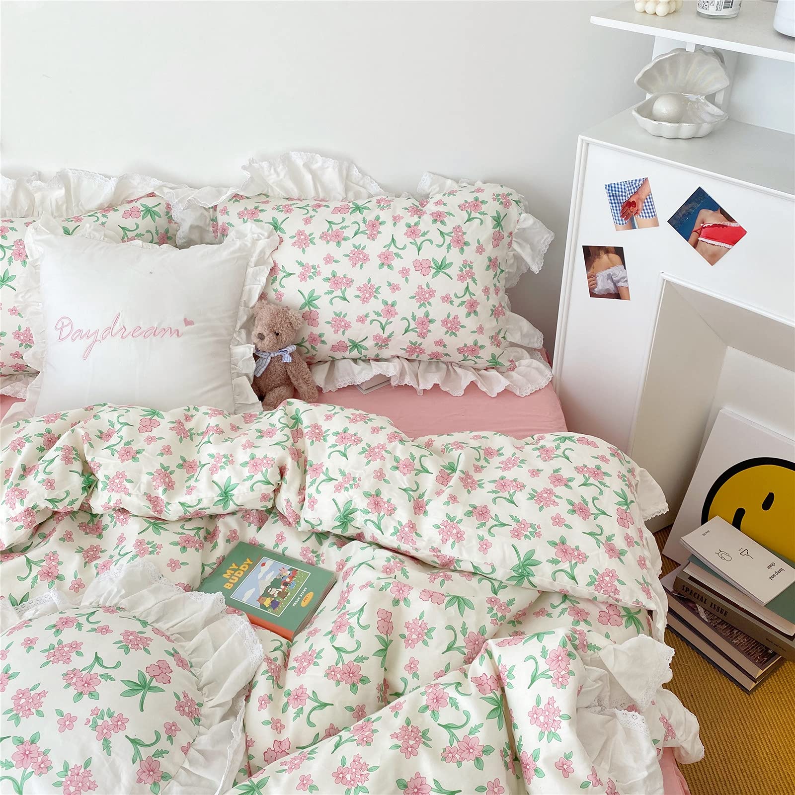 Vm Vougemarket Ruffle Full Duvet Covet With Pink Red Flower Prints Romantic Princess Style Lace Bedding Set Vintage Floral Duvet